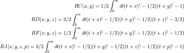 RC(x,y) = 1/2 \int_0^\infty dt (t+x)^(-1/2) (t+y)^(-1)

RD(x,y,z) = 3/2 \int_0^\infty dt (t+x)^(-1/2) (t+y)^(-1/2) (t+z)^(-3/2)

RF(x,y,z) = 1/2 \int_0^\infty dt (t+x)^(-1/2) (t+y)^(-1/2) (t+z)^(-1/2)

RJ(x,y,z,p) = 3/2 \int_0^\infty dt (t+x)^(-1/2) (t+y)^(-1/2) (t+z)^(-1/2) (t+p)^(-1)